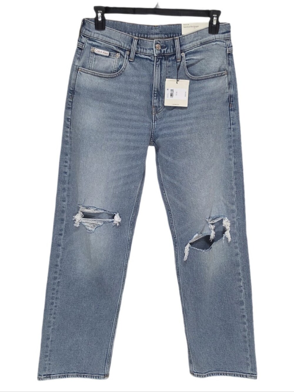 Calvin Klein Men's 90s Straight Leg Distressed Ripped Jeans Light Wash Blue 32